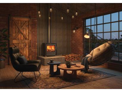 Stovax Riva2 50 Freestanding stove flame picture and clear glass with wlanut feet