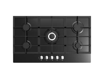 Top view of Culina UBGOG901BK 90cm black glass gas hob with cast iron pan stands and front rotary controls