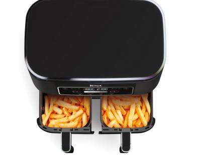 Top view of Ninja AF200UK Dual Zone Air Fryer with two 3.8L baskets open