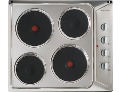 Top view of NordMende HE62IX 60cm solid plate hob in stainless steel