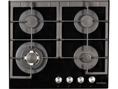 Top view of NordMende HGX603BGL gas hob with Plus X burner layout