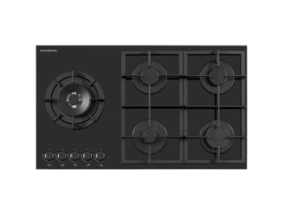 Top view of NordMende HGX904BGL 90cm gas hob with five burners on black glass