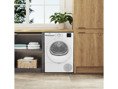 Tthe Beko 8kg heat pump dryer in a modern kitchen