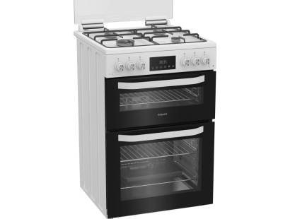 White Hotpoint gas double cooker with catalytic liners and glass lid