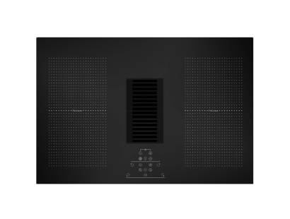 op view of Culina ICONFLEX75DD 77cm black glass vented induction hob with central grille and LED touch controls