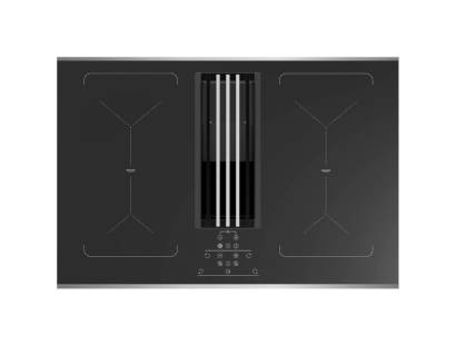 top view of Culina ICONFXP75DDS 77cm black glass and stainless steel vented induction hob with central grille and LED touch controls