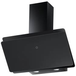 Front view of Culina ICON80H 80cm angled black glass cooker hood with LED touch controls