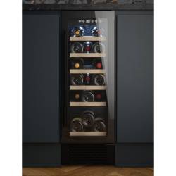 Front view of Culina UBBKWC30 30cm freestanding wine cooler in black with LED display and wooden shelves