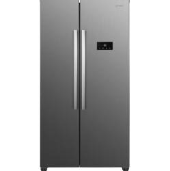 Front view of Indesit INGF6441XP4UK side by side American fridge freezer in stainless steel