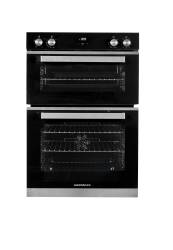 Front view of NordMende DOIC425IX double oven in black glass and stainless steel finish