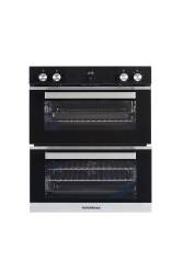 Front view of NordMende DOUC425IX built-under double oven in black glass and stainless steel