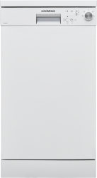 Front view of NordMende DW49WH 45cm freestanding dishwasher in white