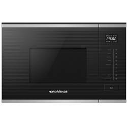 Front view of NordMende NM20IX slim-depth built-in microwave in black glass and stainless steel