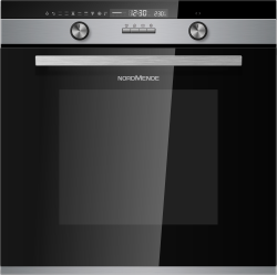 Front view of NordMende SOP525IX built-in oven with black glass and stainless steel handle