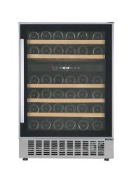Front view of NordMende WC46IX dual zone wine cooler with stainless steel trim