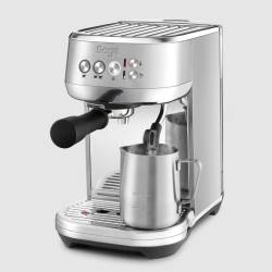 Front view of Sage Bambino Plus espresso machine in stainless steel finish