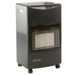 Lifestyle Superser-style gas heater in grey cabinet with castors and regulator