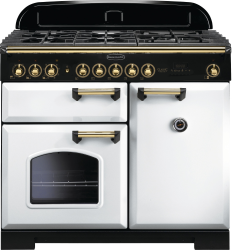 Rangemaster CDL100DFFWHB - 100cm Classic Deluxe Dual Fuel White Brass Range Cooker 113860