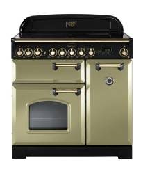 Rangemaster CDL90ECOGB 90cm Classic Deluxe Electric Ceramic Olive Green Brass Range Cooker 114730