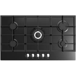 Top view of Culina UBGOG901BK 90cm black glass gas hob with cast iron pan stands and front rotary controls