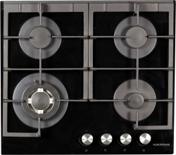 Top view of NordMende HGX603BGL gas hob with Plus X burner layout