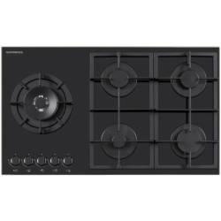 Top view of NordMende HGX904BGL 90cm gas hob with five burners on black glass